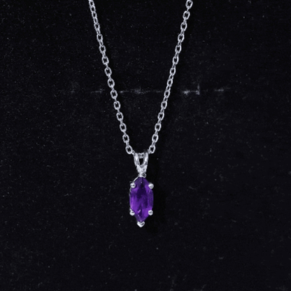 Genuine Marquise Cut Amethyst Solitaire Necklace with Silver Chain