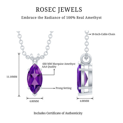 Genuine Marquise Cut Amethyst Solitaire Necklace with Silver Chain