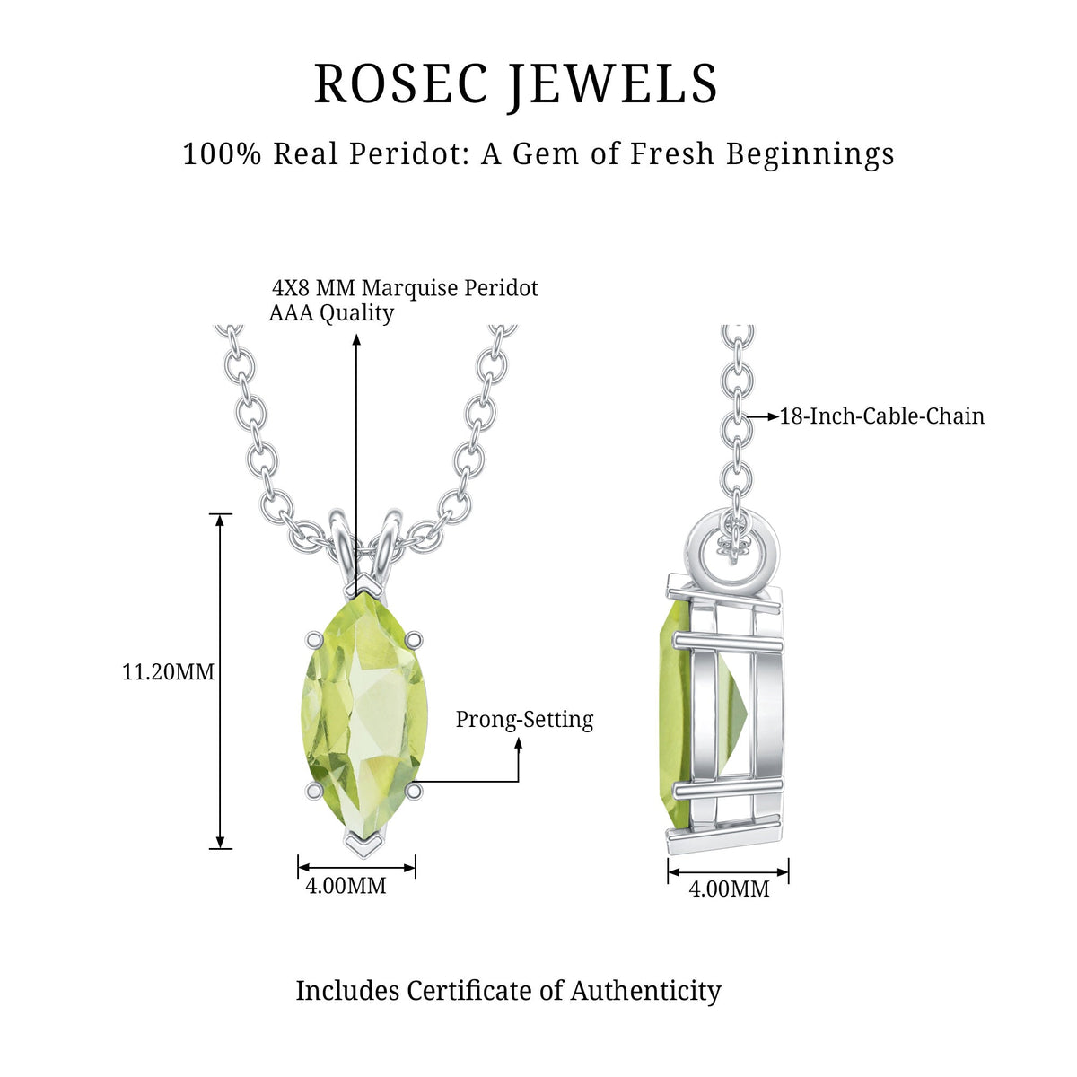 0.74 Carat Marquise Cut Peridot Birthstone Necklace with Silver Chain