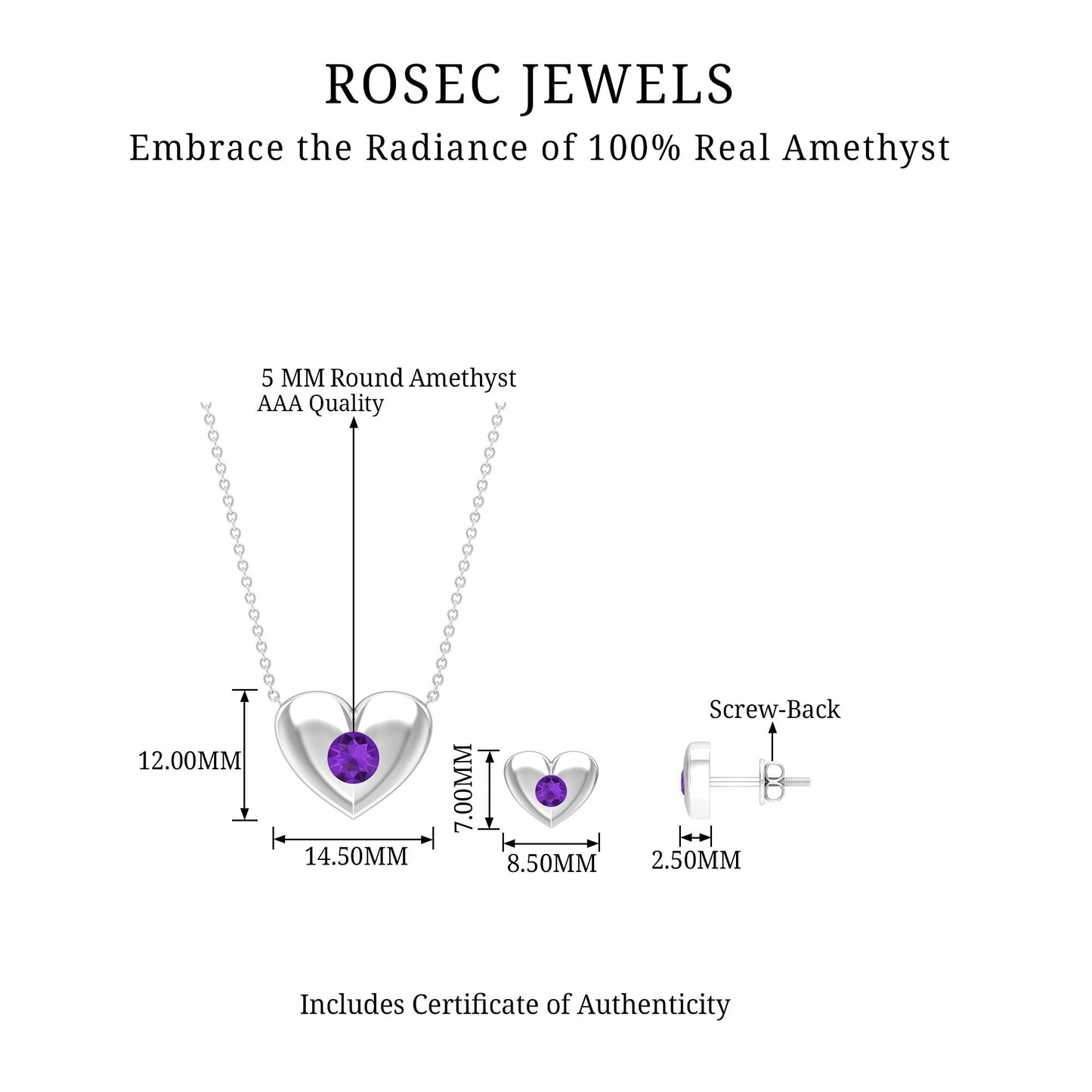 Real Amethyst Heart Necklace and Earrings Set