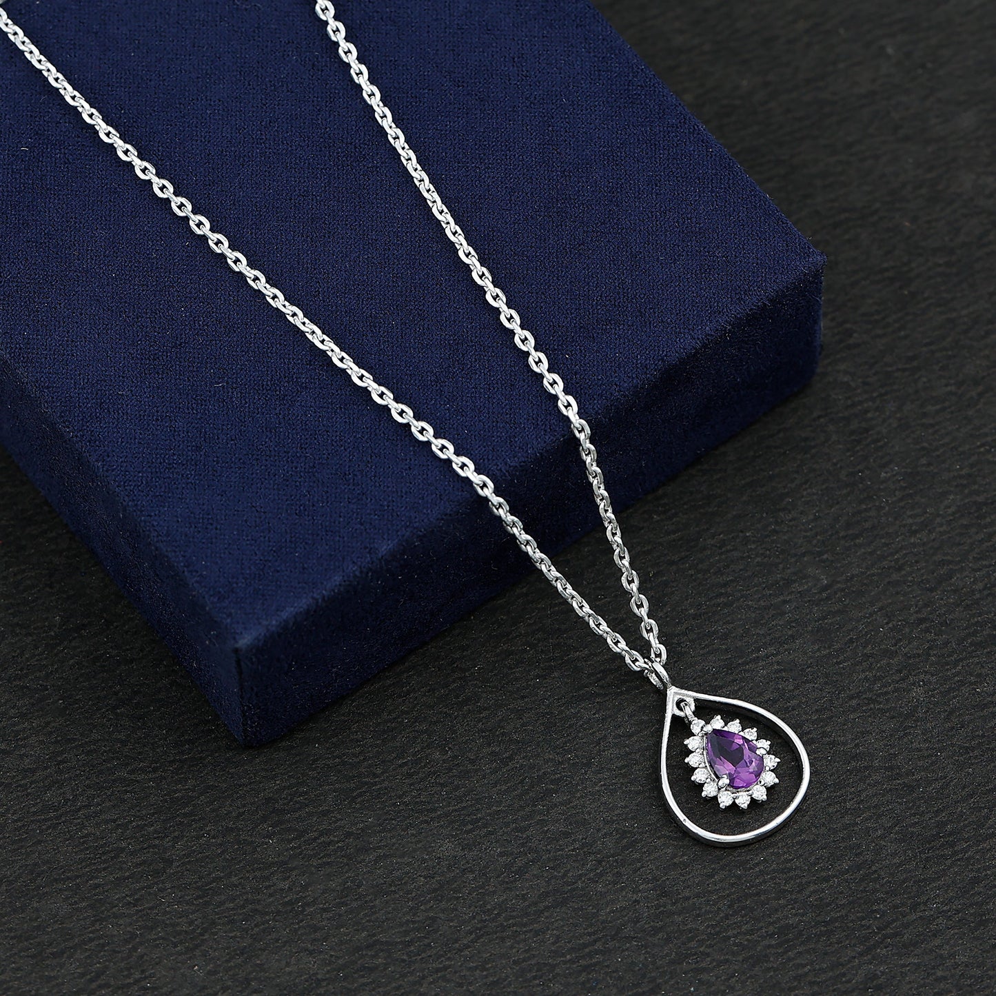 1 Carat Amethyst Teardrop Necklace with Moissanite Halo