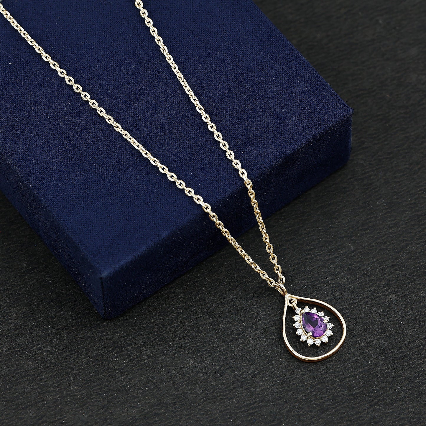 1 Carat Amethyst Teardrop Necklace with Moissanite Halo