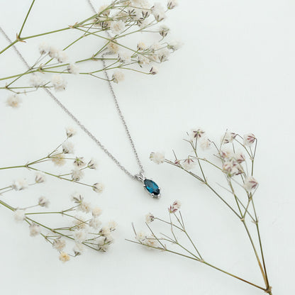 Real 0.7 Carat Marquise London Blue Topaz Necklace with Silver Chain