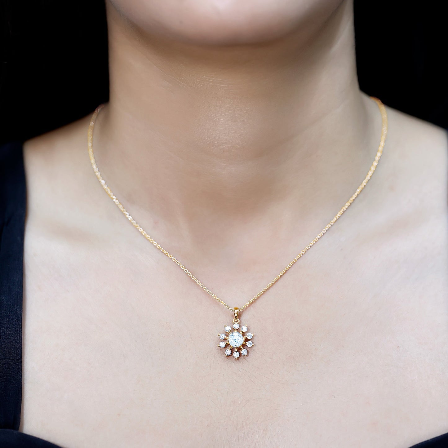 Certified Moissanite Snowflake Necklace in Yellow Gold Plated Silver
