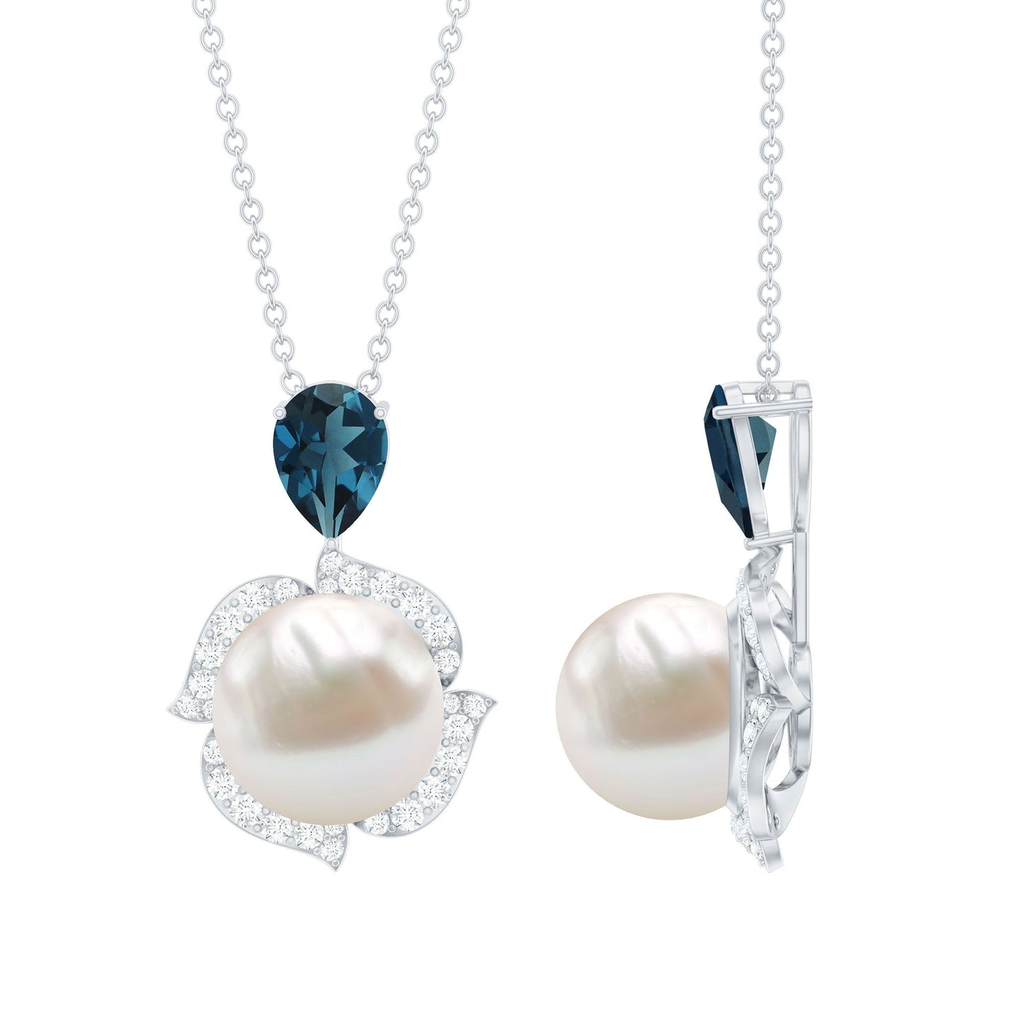 8 Carat Freshwater Pearl Designer Bridal Necklace with London Blue Topaz