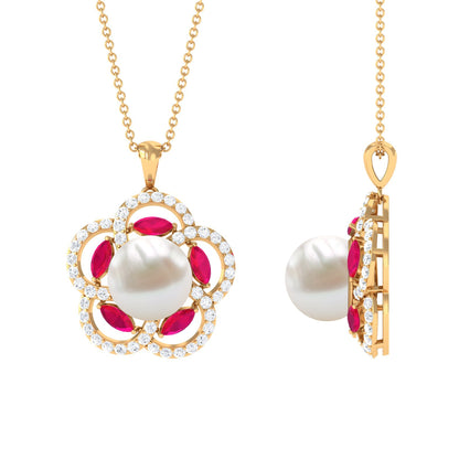 Freshwater Pearl Flower Pendant with Created Ruby and Moissanite