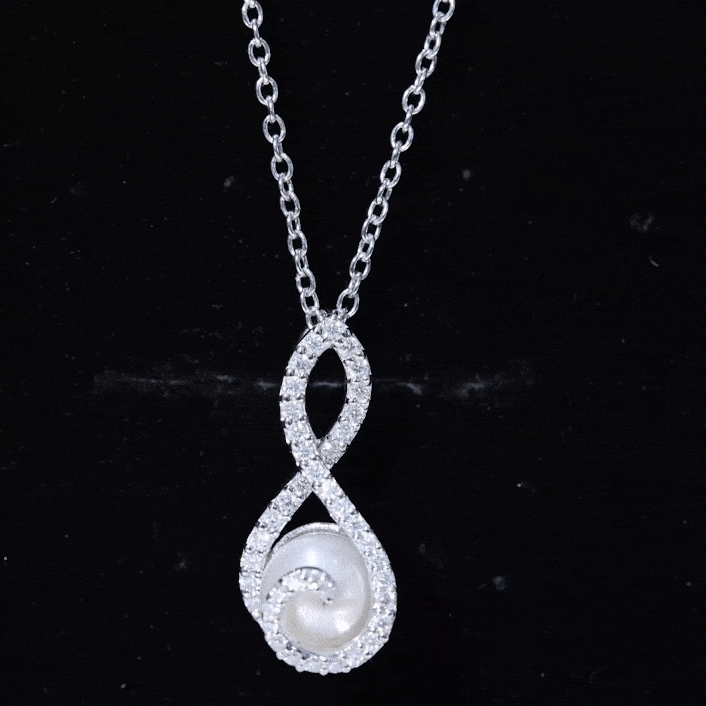 Freshwater White Pearl and Moissanite Infinity Pendant in Silver