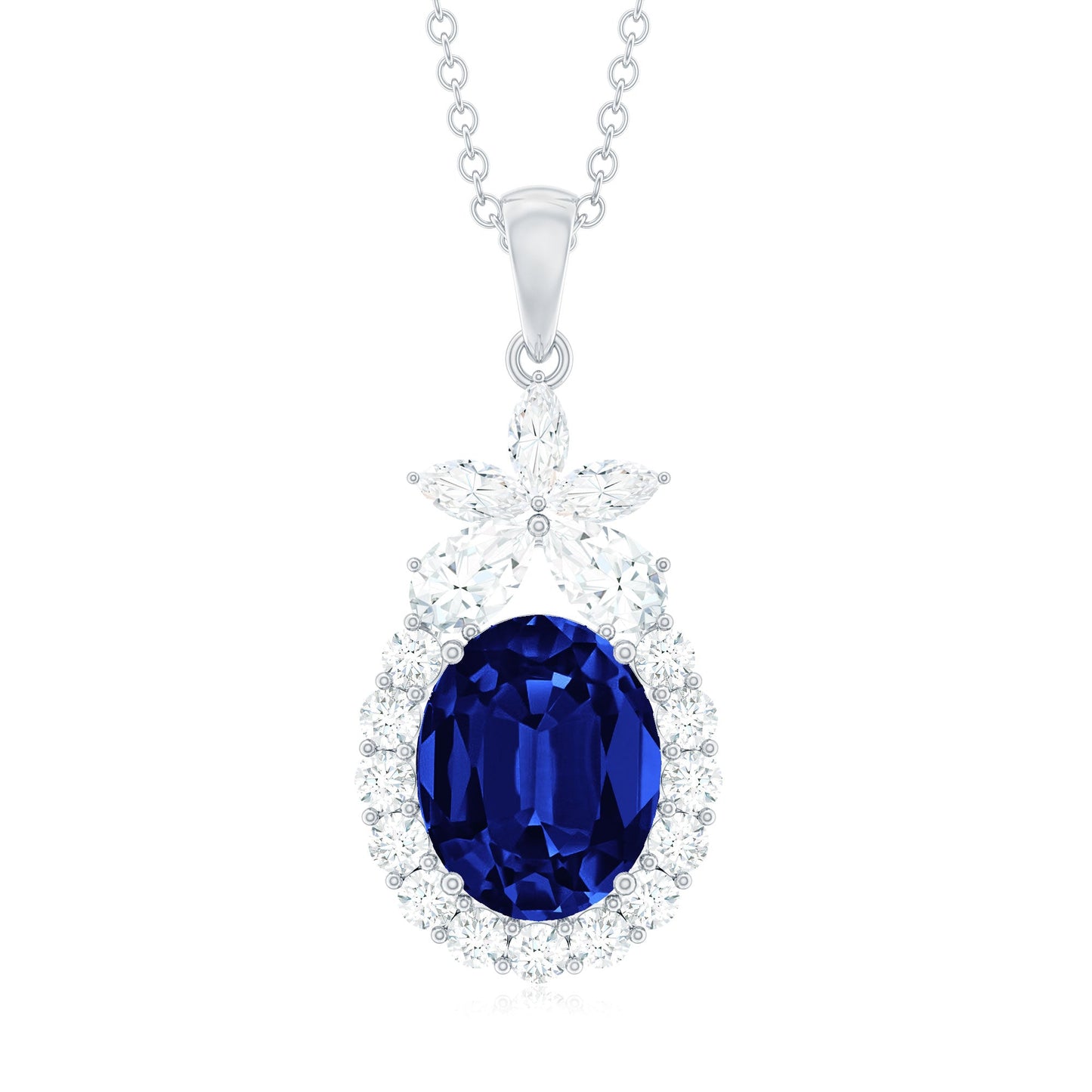 4 Carat Oval Shape Lab Created Blue Sapphire Statement Necklace with Moissanite