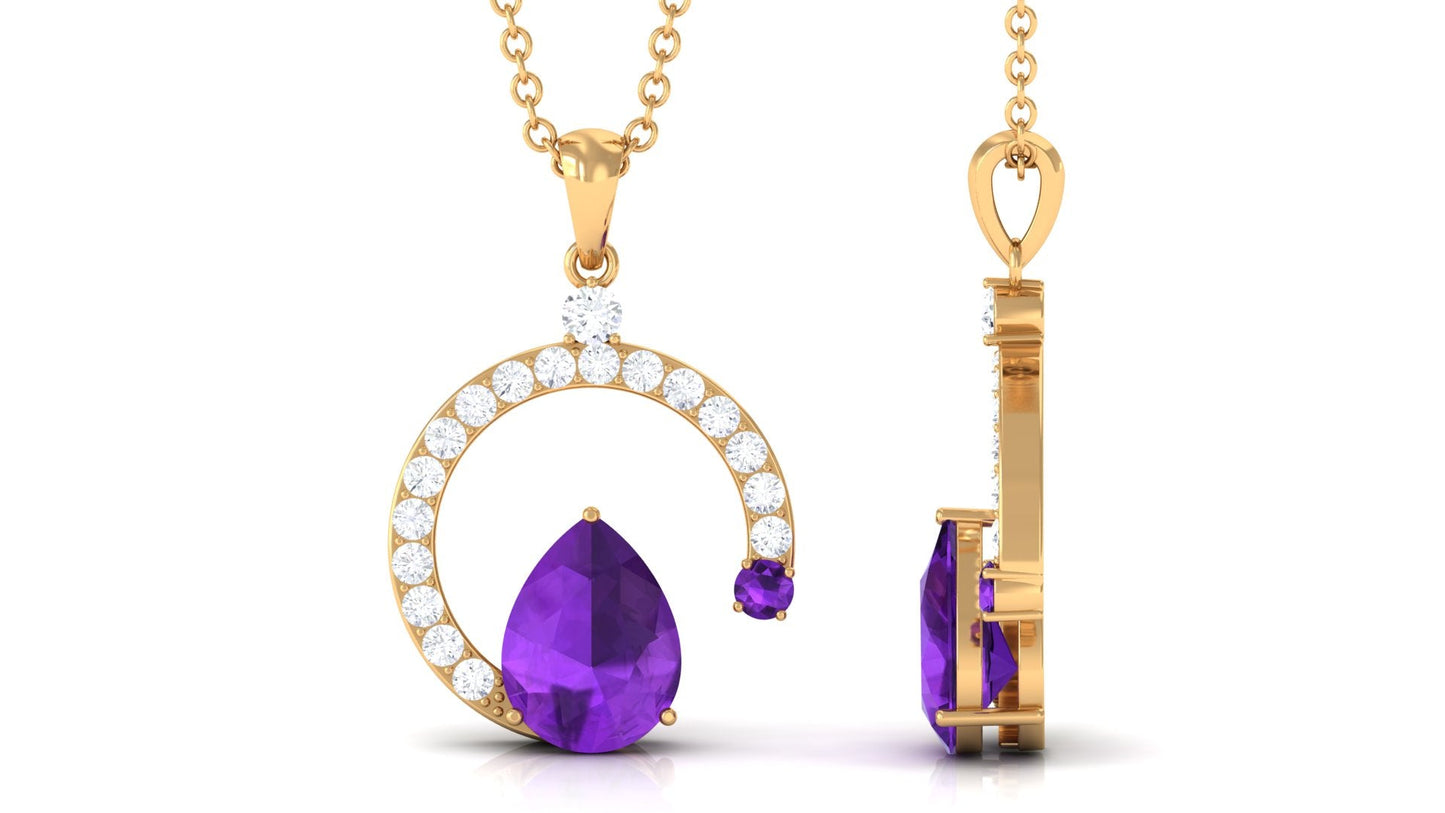 Contemporary Pear Shape Amethyst Pendant Necklace with Diamond
