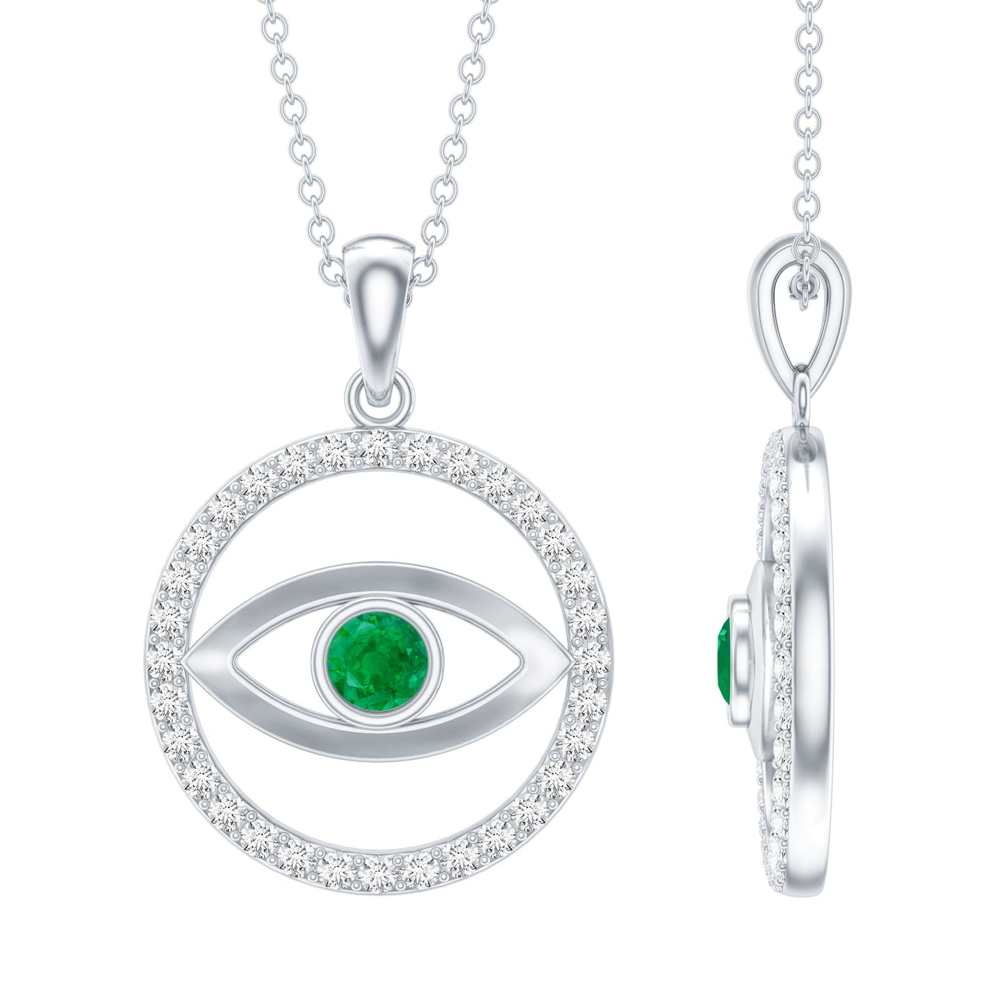 Real Emerald and Diamond Evil Eye Pendant Necklace