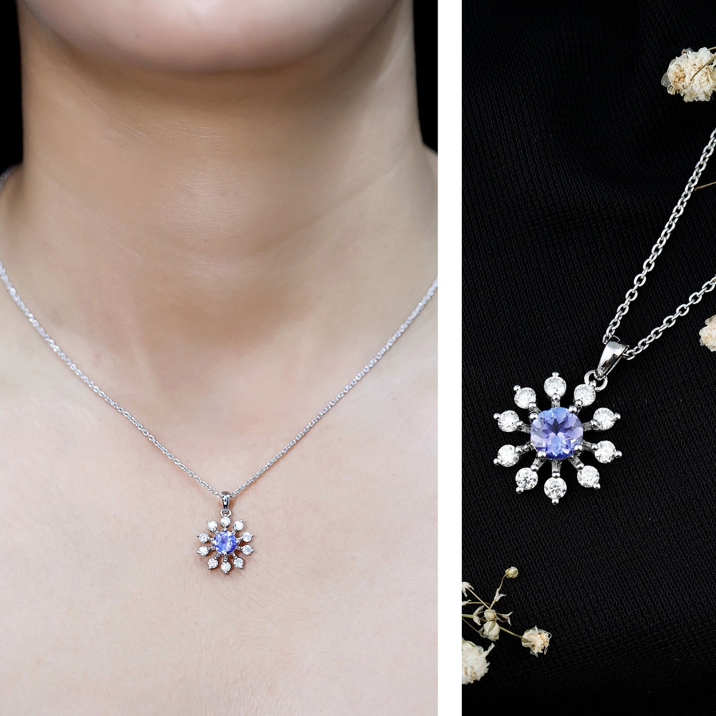 Certified Genuine Tanzanite Snowflake Necklace with Silver Chain