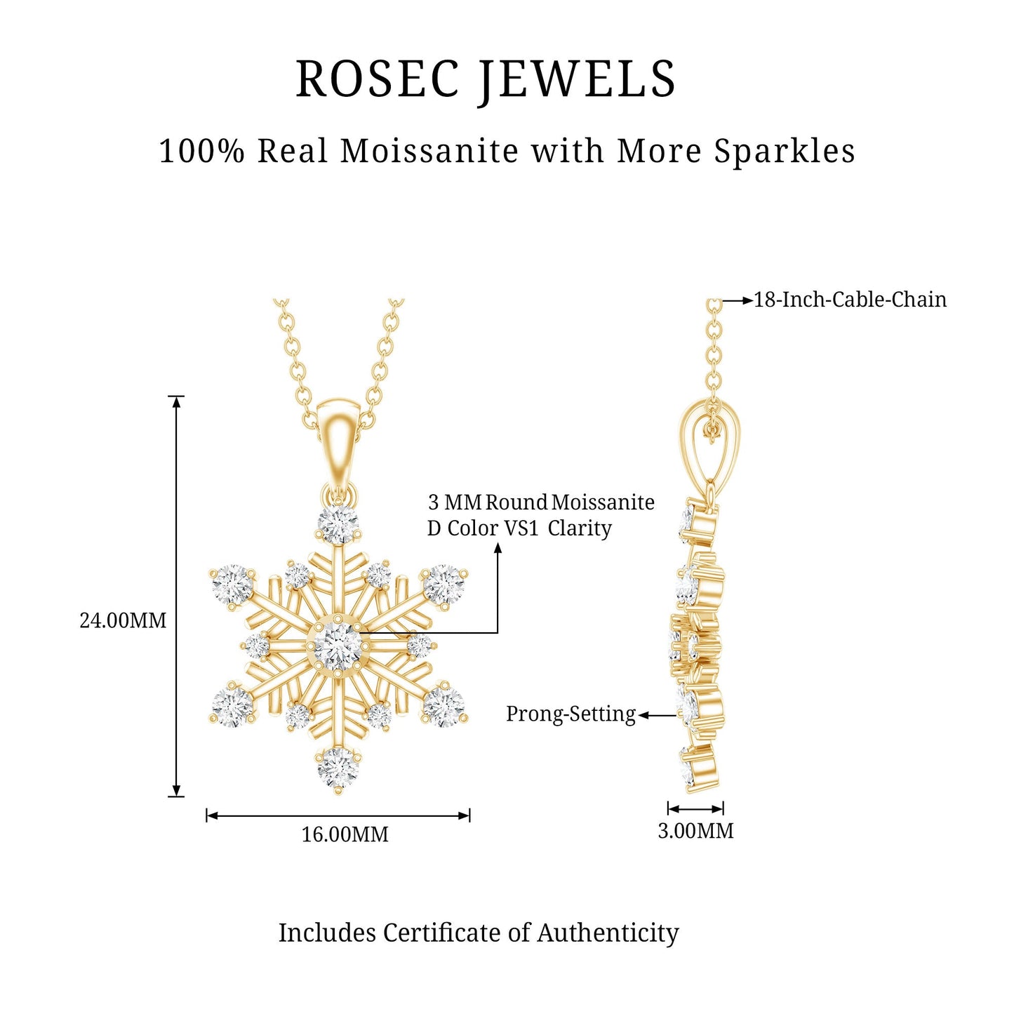 Certified Classic Moissanite Snowflake Pendant Necklace With Chain