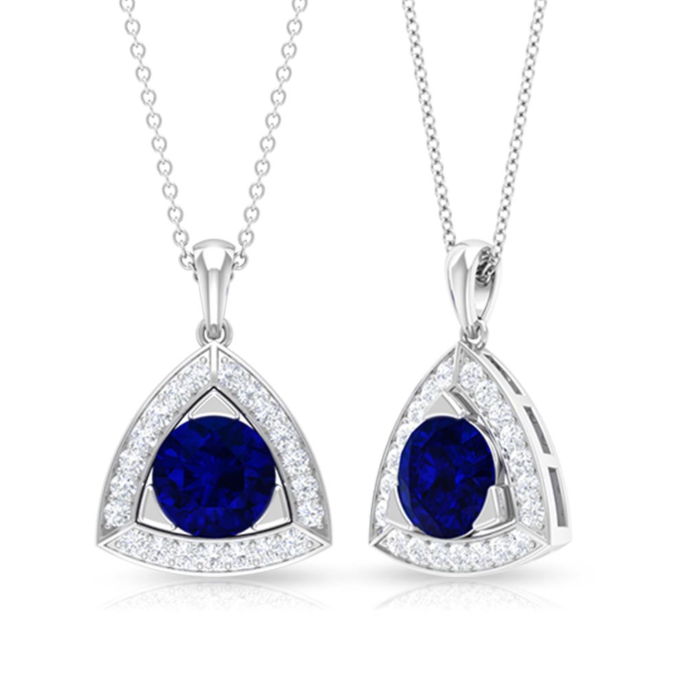 Created Blue Sapphire Triangle Pendant with Diamond Halo