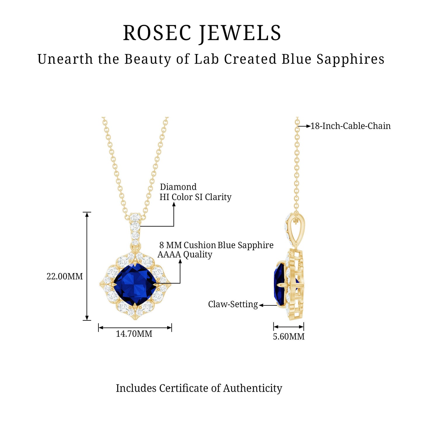 Vintage Inspired Lab Grown Blue Sapphire and Diamond Necklace