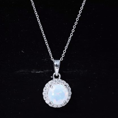 2 Carat Ethiopian Opal and Moissanite Halo Necklace with Silver Chain