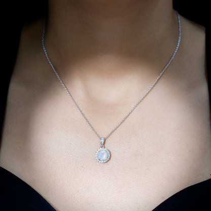 2 Carat Ethiopian Opal and Moissanite Halo Necklace with Silver Chain