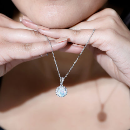 2 Carat Ethiopian Opal and Moissanite Halo Necklace with Silver Chain