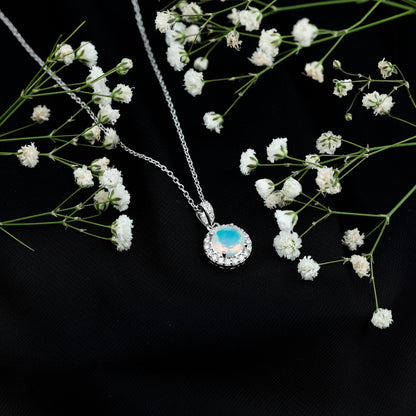 2 Carat Ethiopian Opal and Moissanite Halo Necklace with Silver Chain