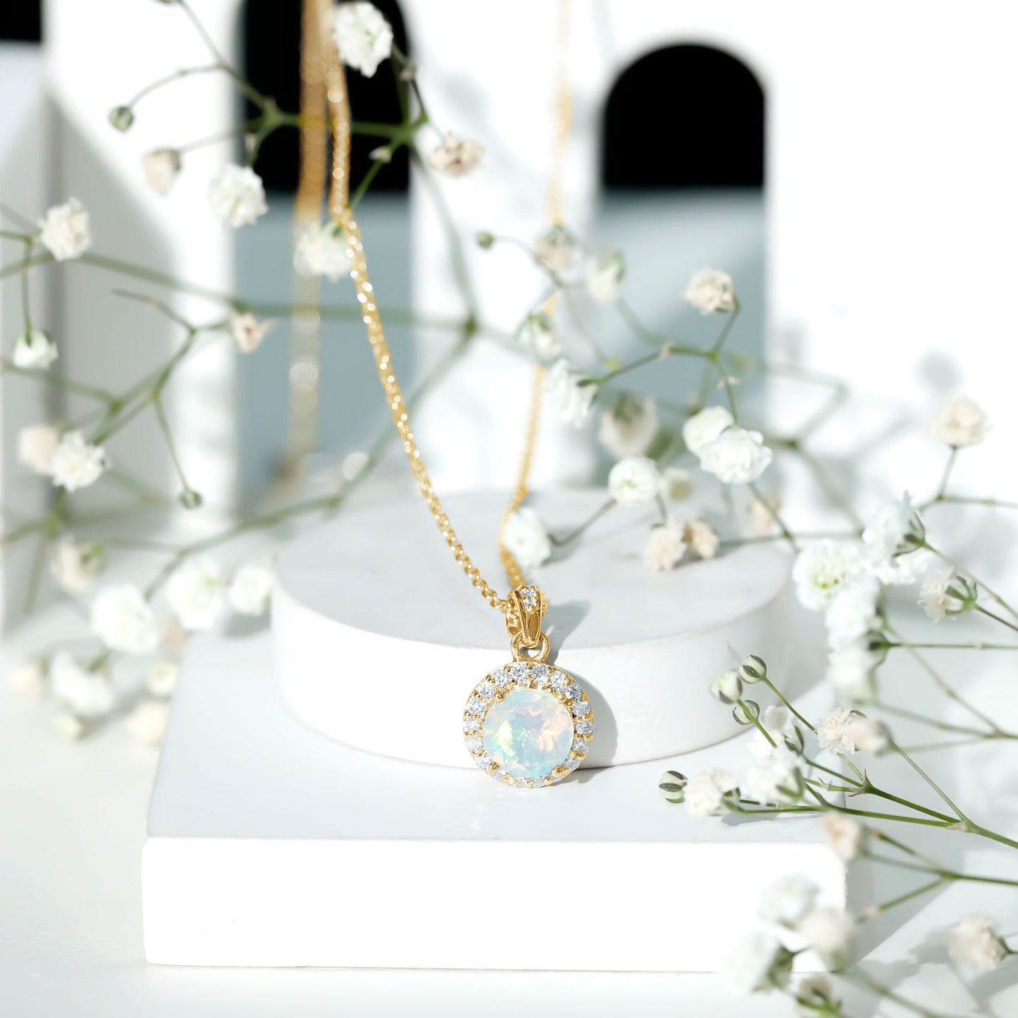 Real Ethiopian Opal Necklace With Moissanite Halo