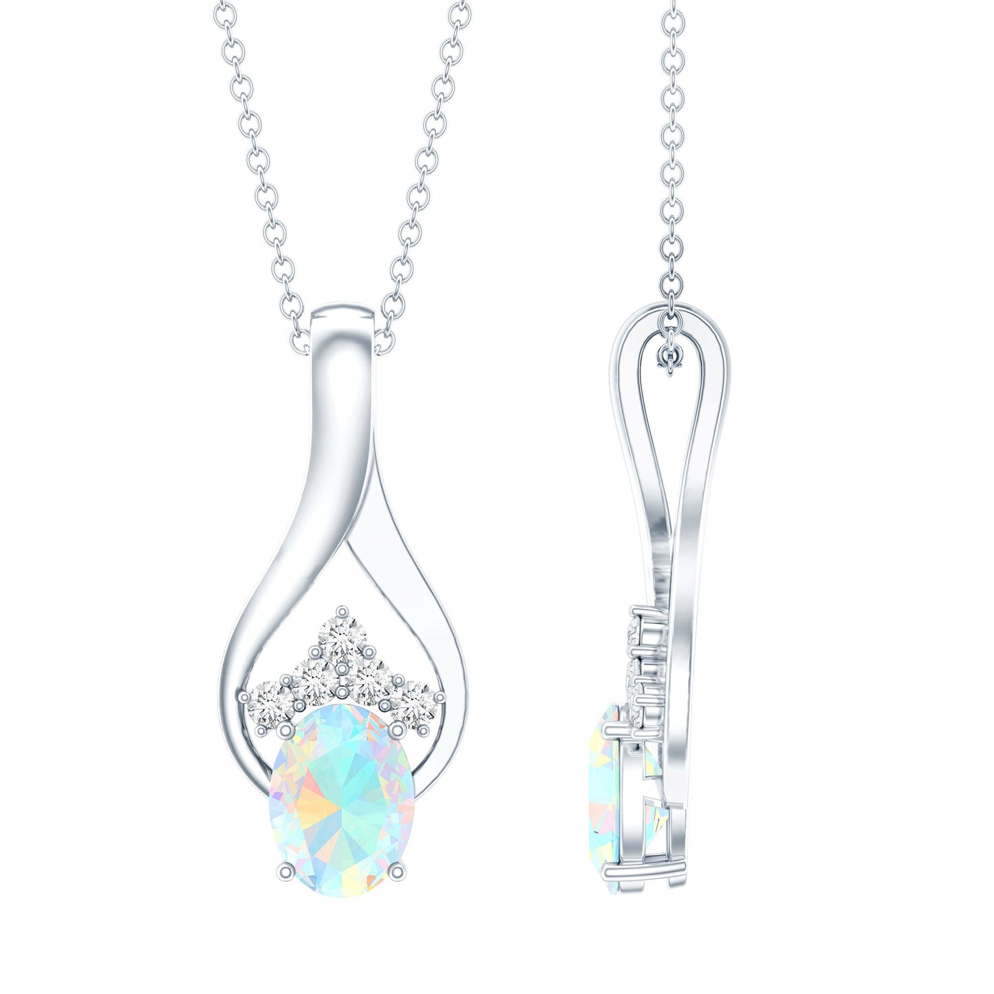 Natural Oval Ethiopian Opal and Moissanite Teardrop Necklace With Chain