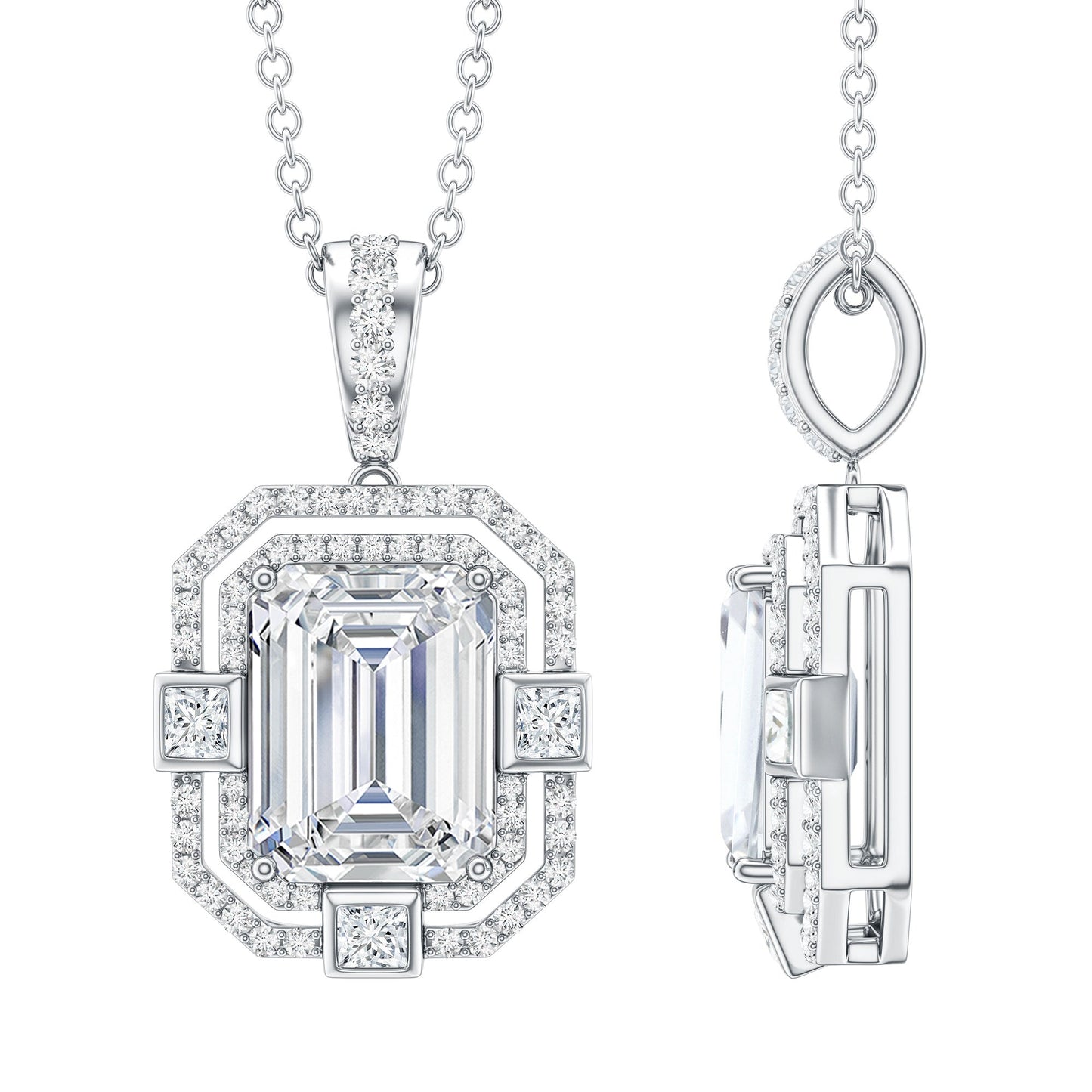 Vintage Style Emerald Cut Moissanite Halo Pendant Necklace