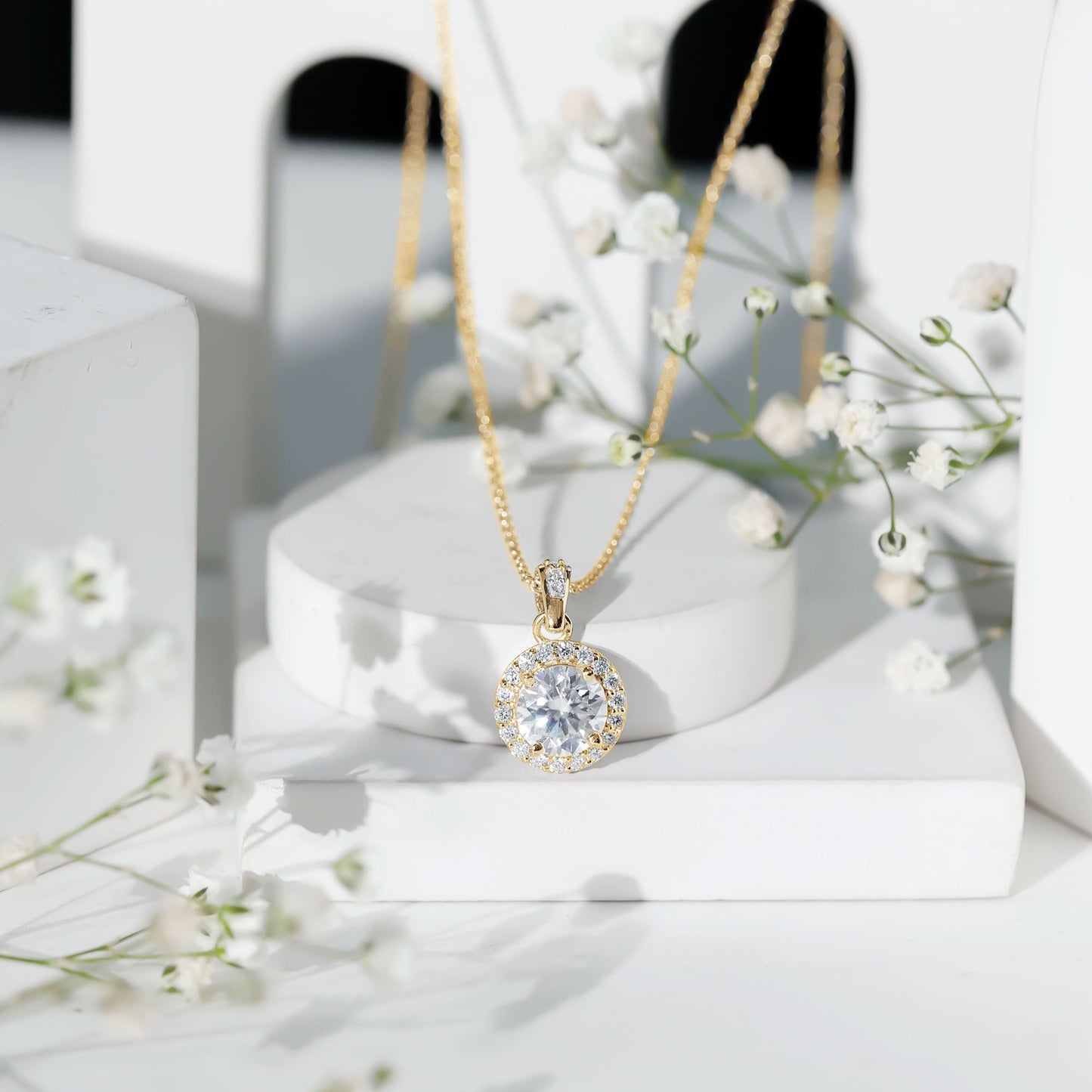 Round Moissanite Classic Halo Pendant Necklace