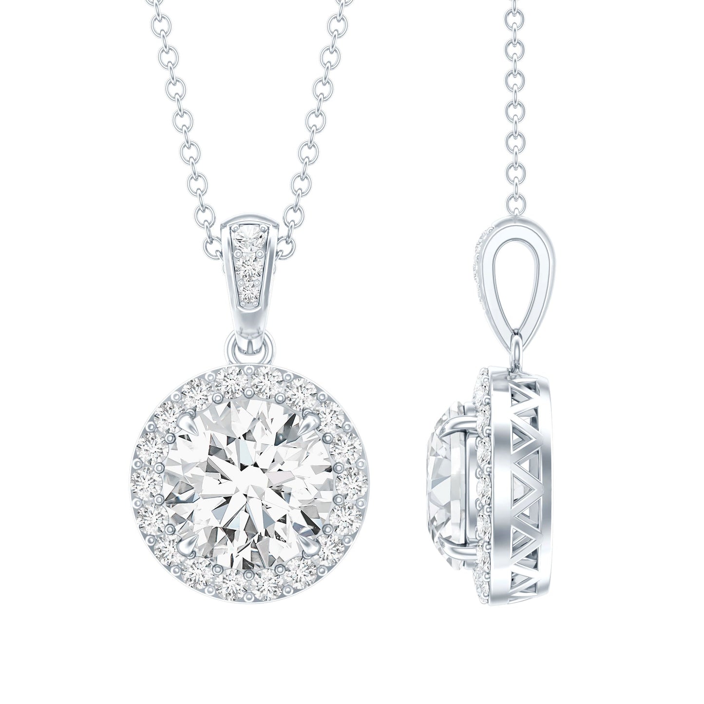 Certified 8 MM Round Cubic Zirconia Halo Necklace with Chain