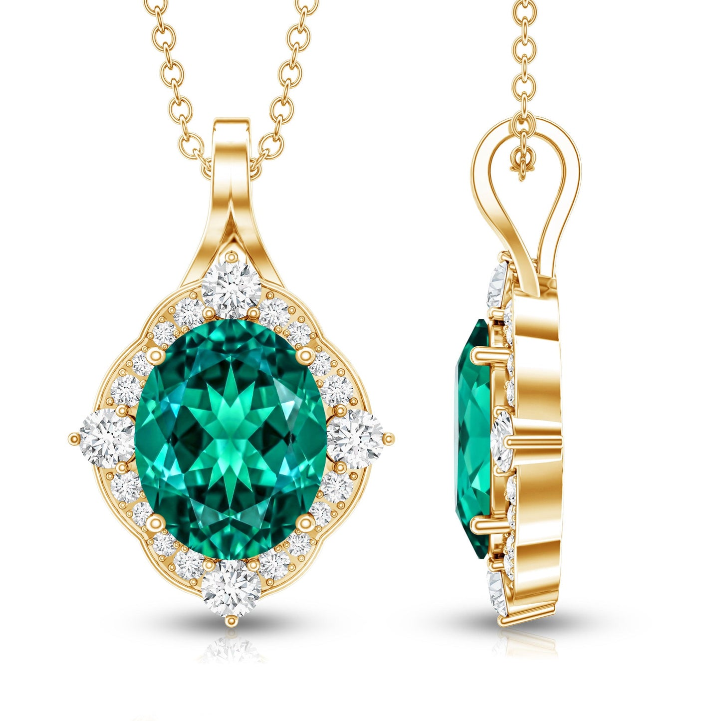 Certified 3 Carat Oval Lab Emerald and Diamond Vintage Necklace