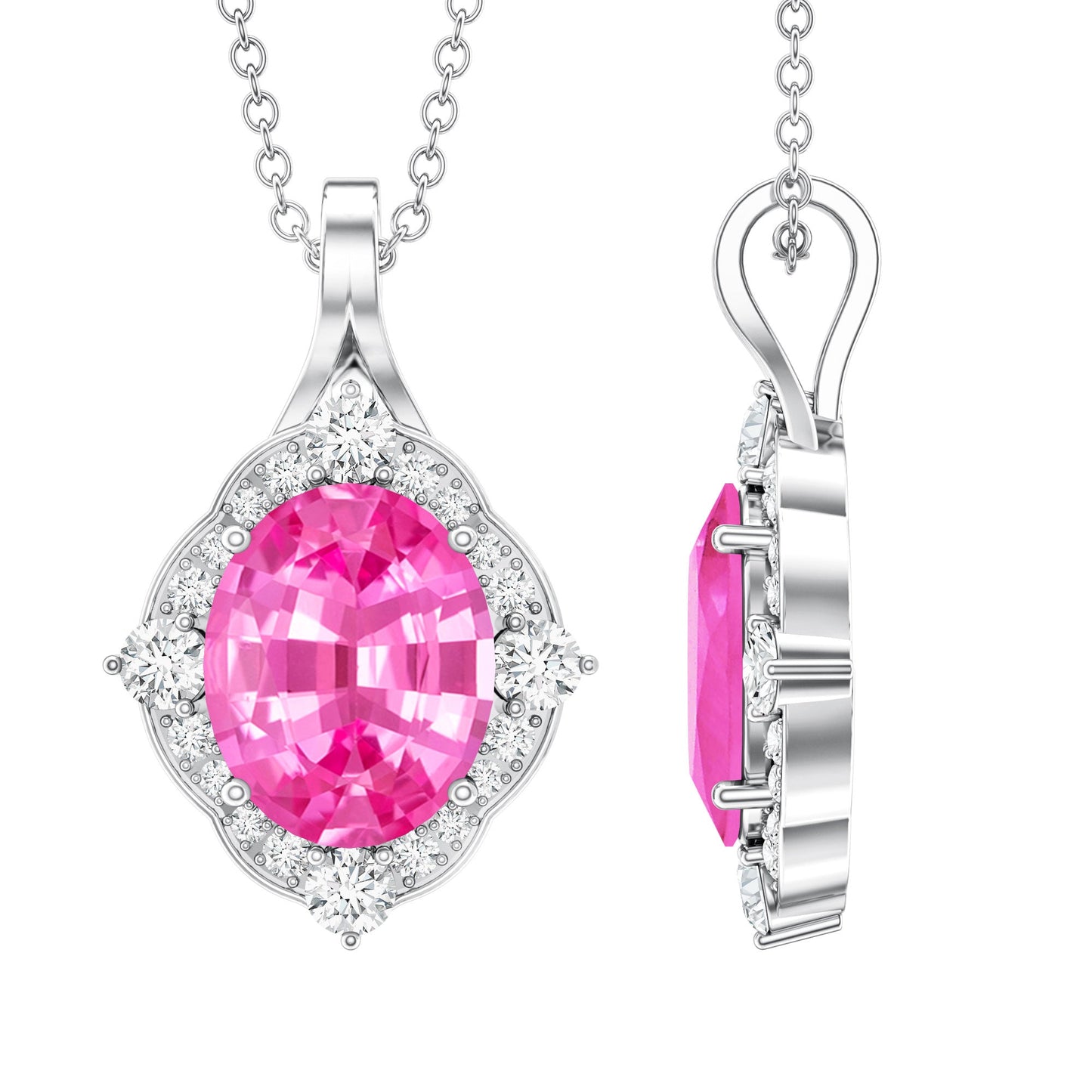 4 Carat Oval Lab Created Pink Sapphire Vintage Pendant with Diamonds