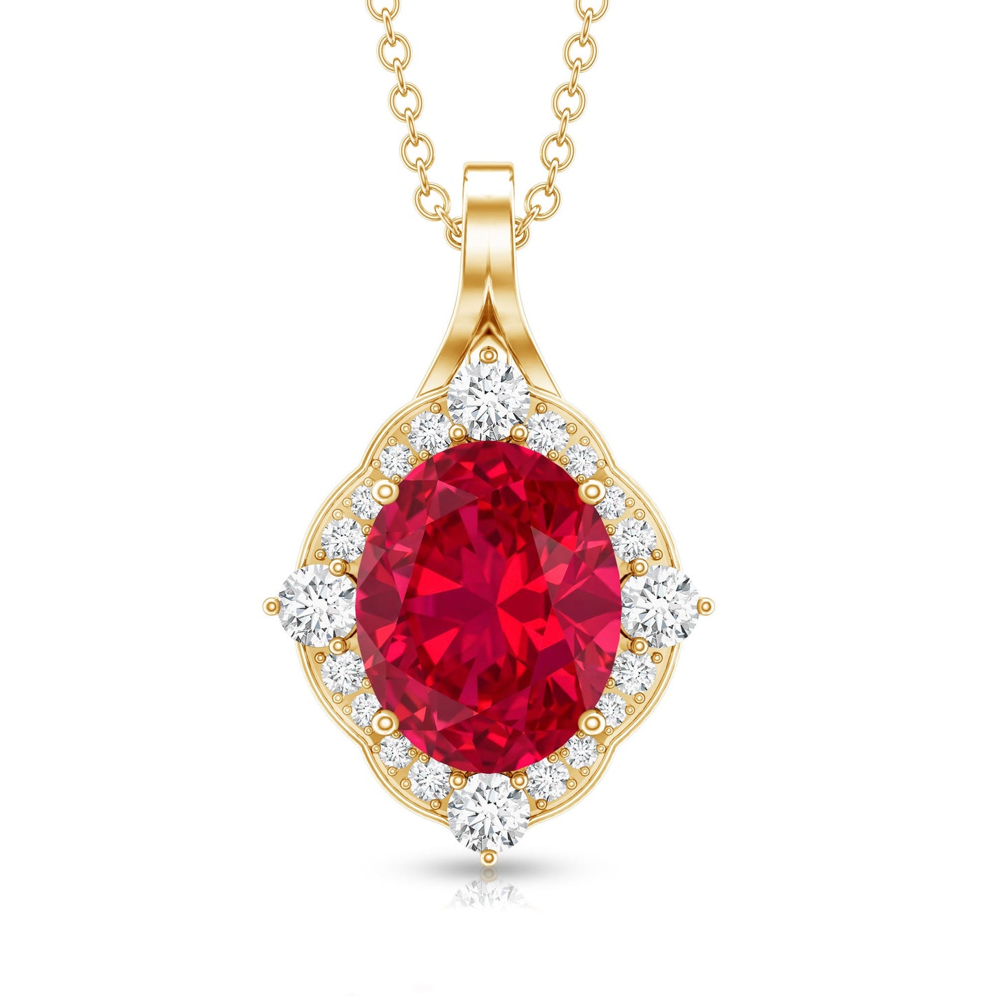 4 Carat Lab Grown Ruby Vintage Inspired Necklace with Diamond Halo