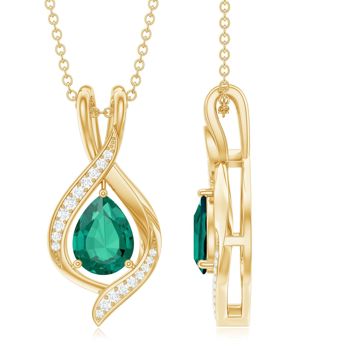 1 Carat Pear Cut Lab Created Emerald Teardrop Pendant with Diamond