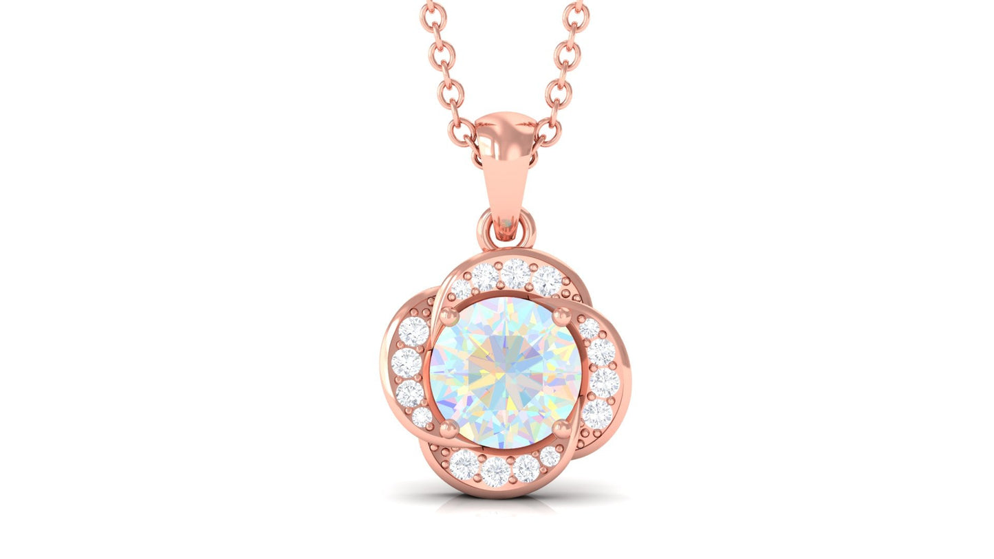0.8 Carat Round Shape Ethiopian Opal and Diamond Flower Necklace