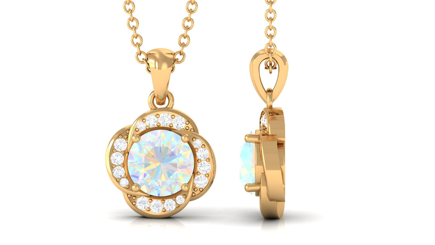 0.8 Carat Round Shape Ethiopian Opal and Diamond Flower Necklace