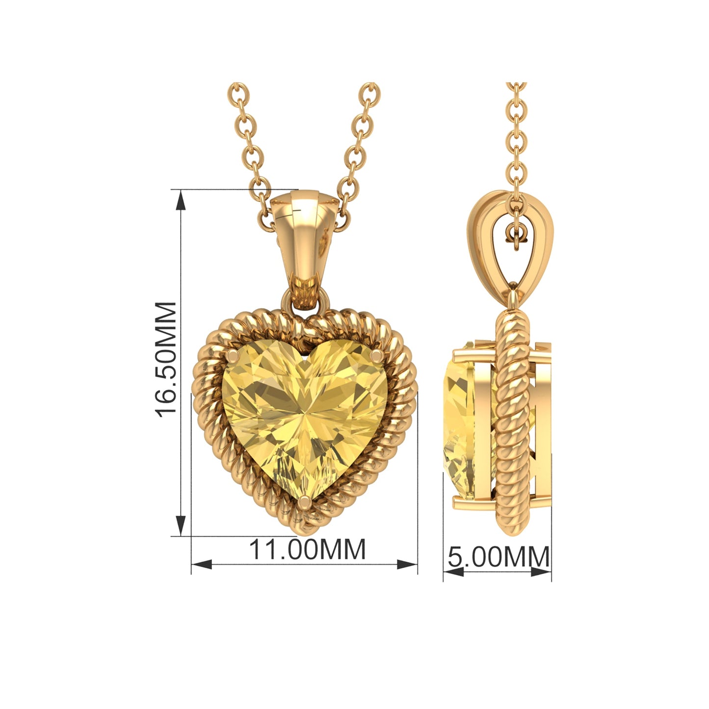 Natural Heart Shape 2 Carat Citrine Pendant Necklace with Rope Frame