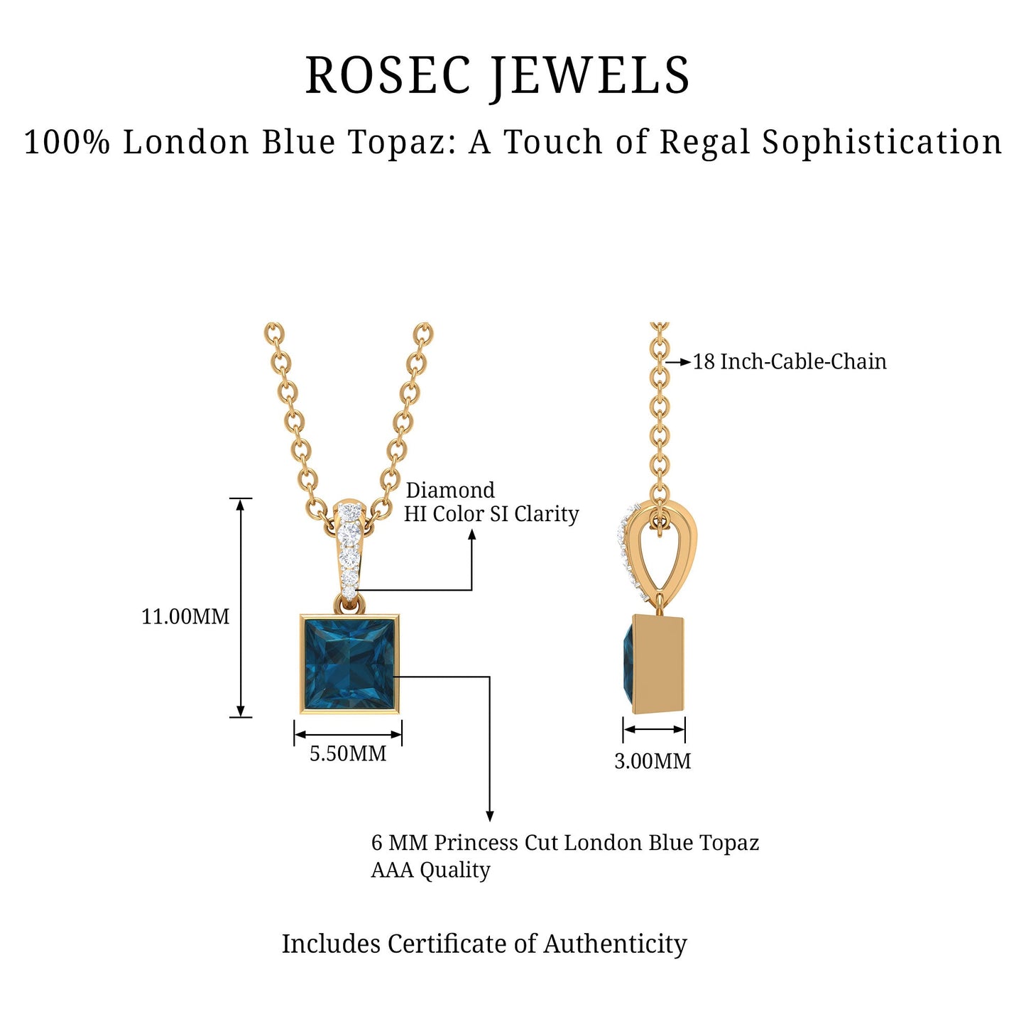 1 Carat Princess Cut London Blue Topaz Pendant with Diamond