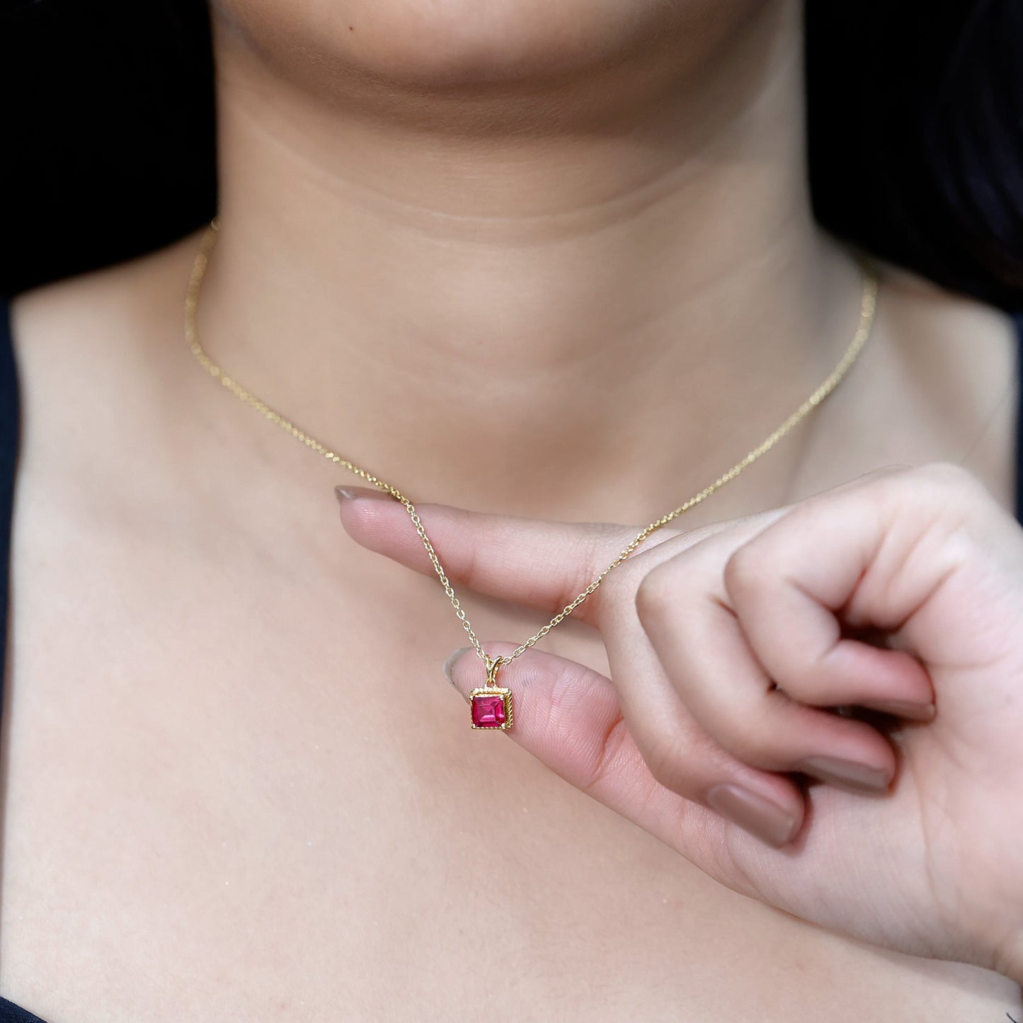 Princess Cut Lab Created Ruby Solitaire Pendant with Rope Frame