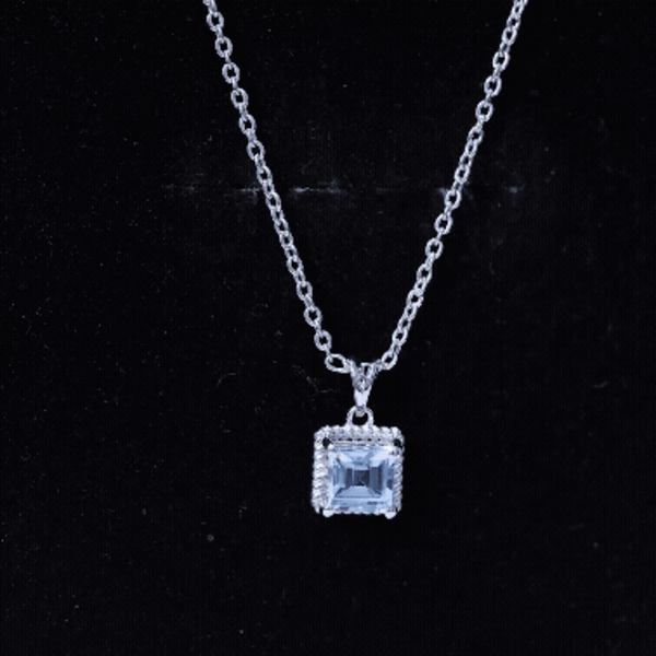 Natural Half Carat Aquamarine Princess Cut Necklace with Silver Chain