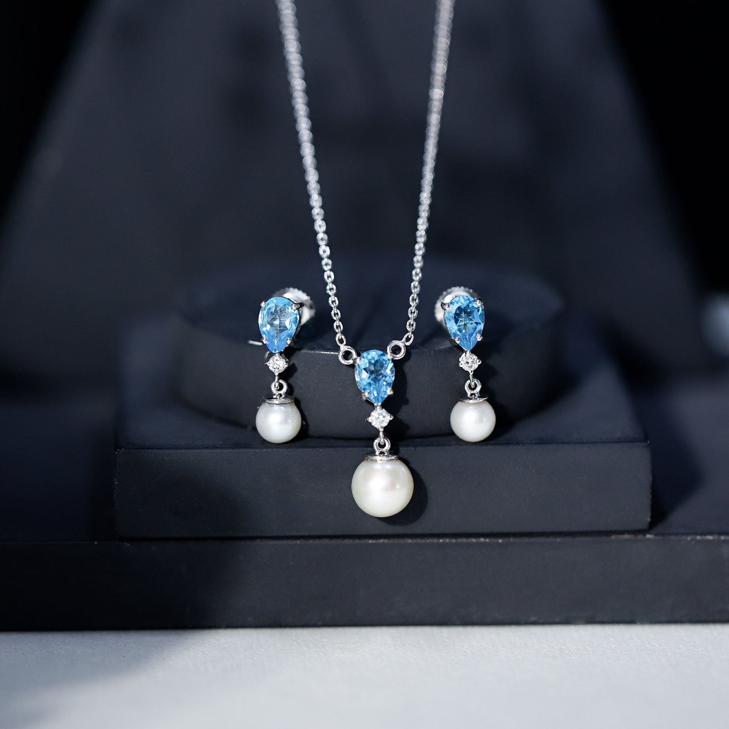 Swiss Blue Topaz and Diamond Jewelry Set with Freshwater Pearl Drop