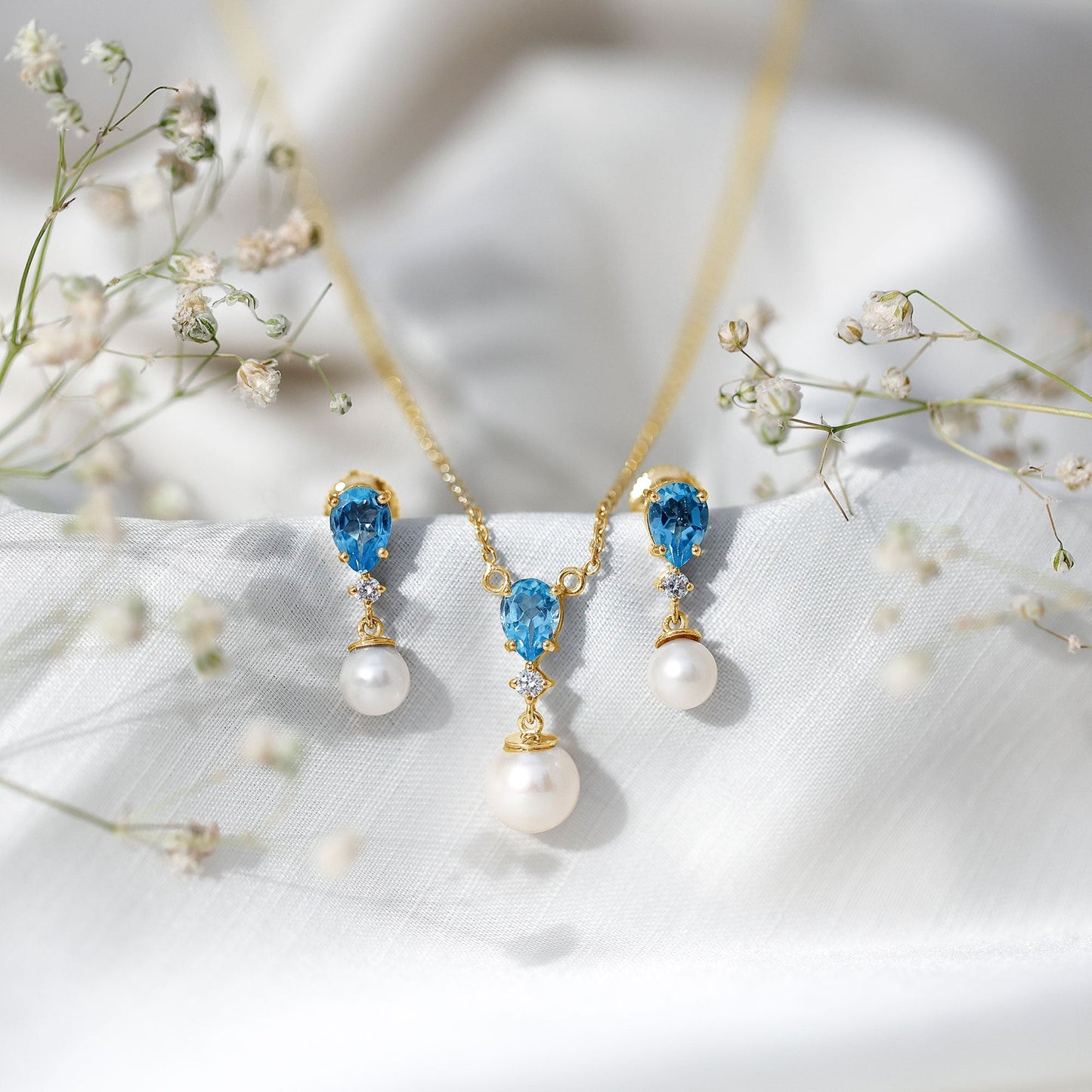 Swiss Blue Topaz and Diamond Jewelry Set with Freshwater Pearl Drop