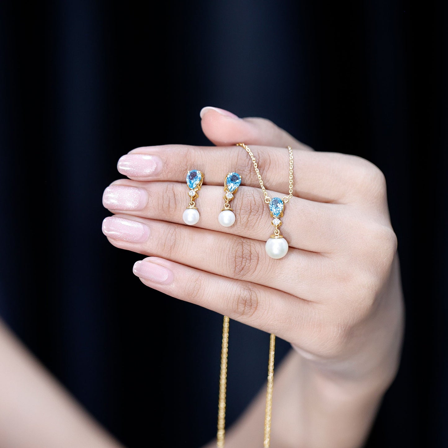 Swiss Blue Topaz and Diamond Jewelry Set with Freshwater Pearl Drop