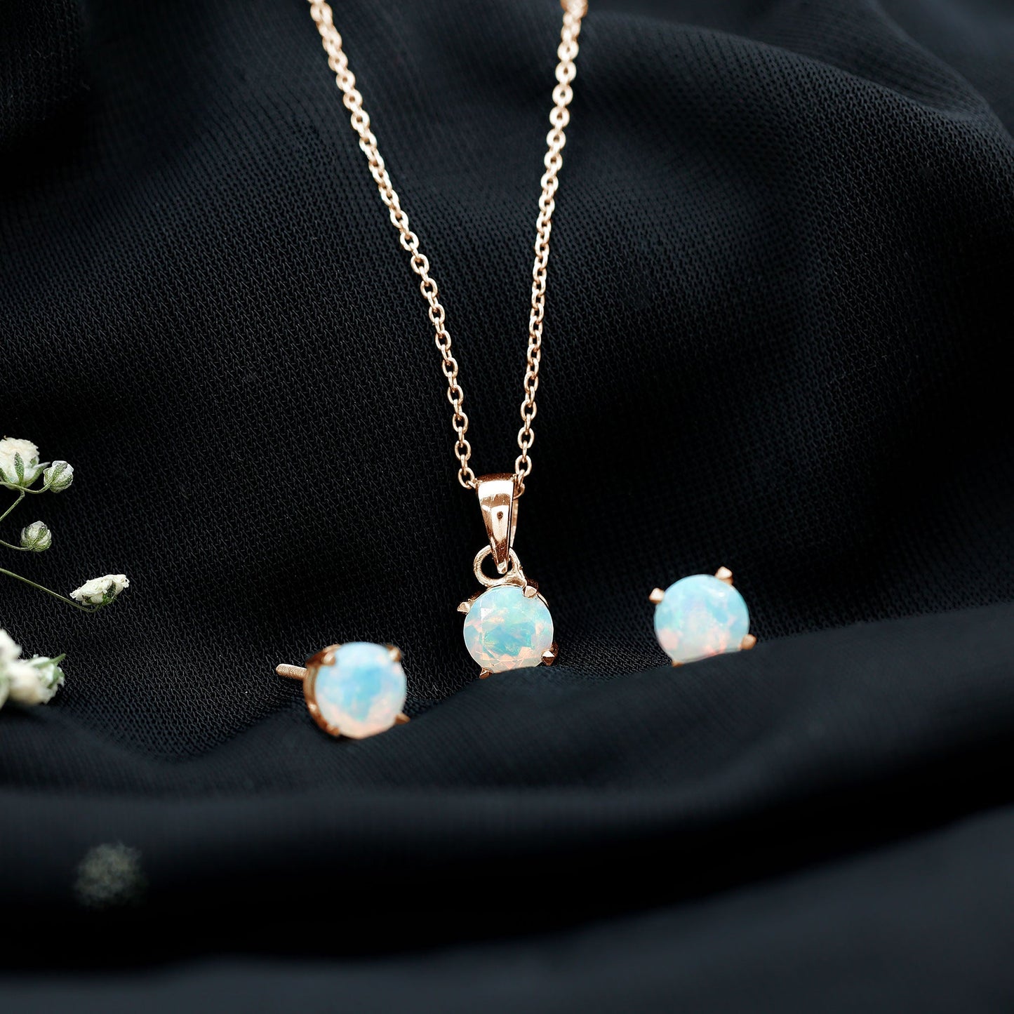 6MM Round Cut Ethiopian Opal Solitaire Jewelry Set