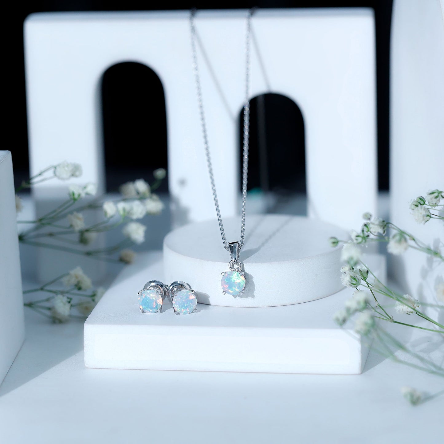 6MM Round Cut Ethiopian Opal Solitaire Jewelry Set
