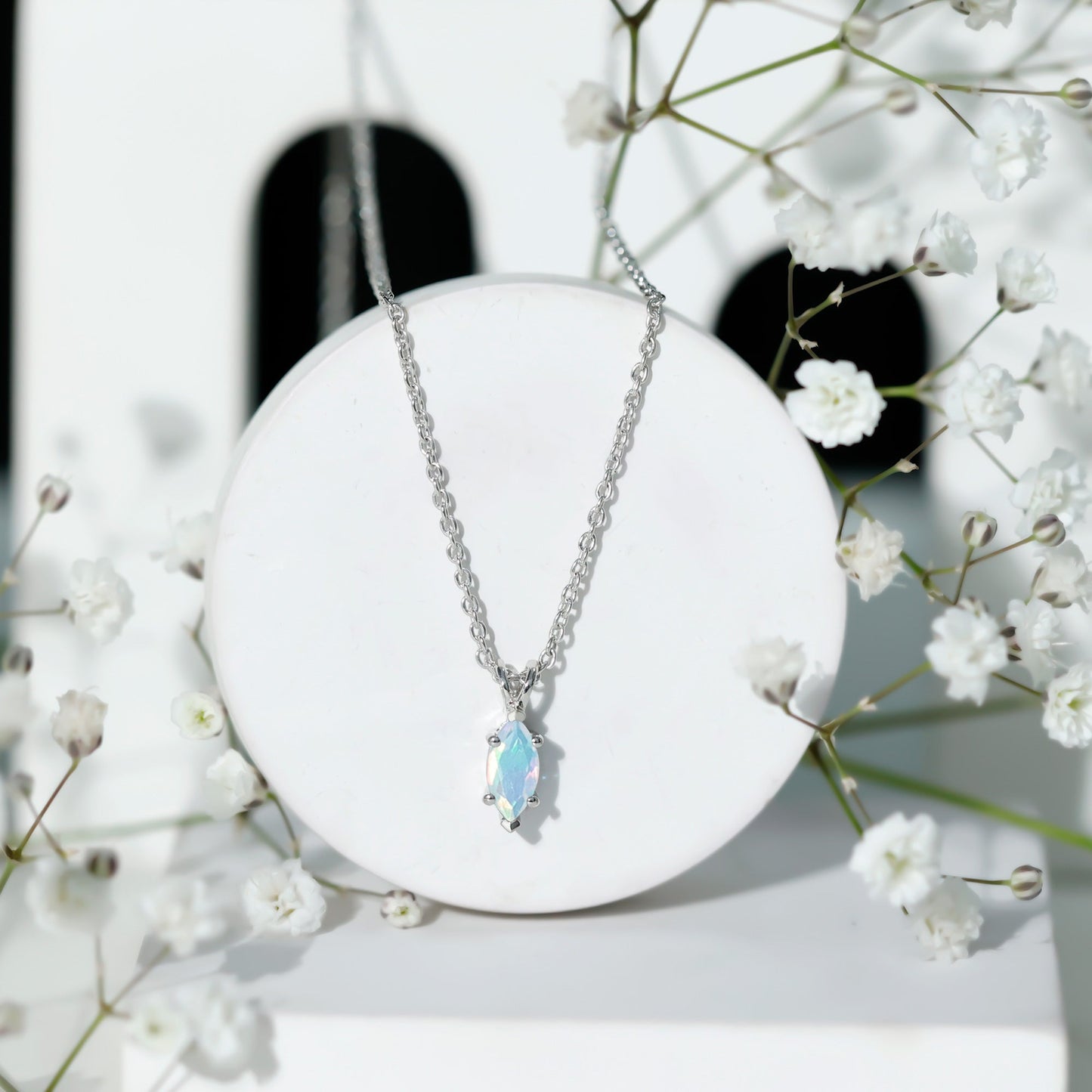 Marquise Cut 0.5 Carat Ethiopian Opal Solitaire Necklace with Silver Chain