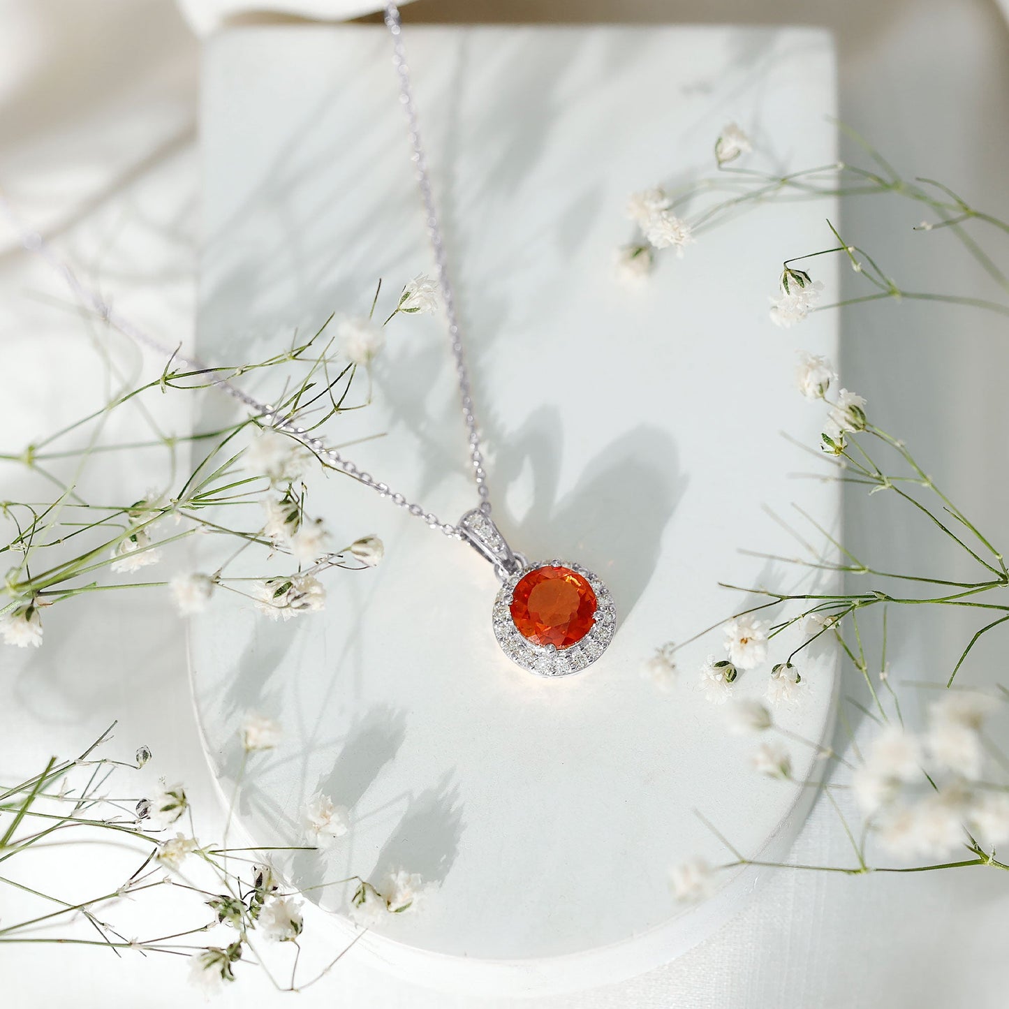 Created Orange Sapphire Pendant Necklace with Diamond Halo
