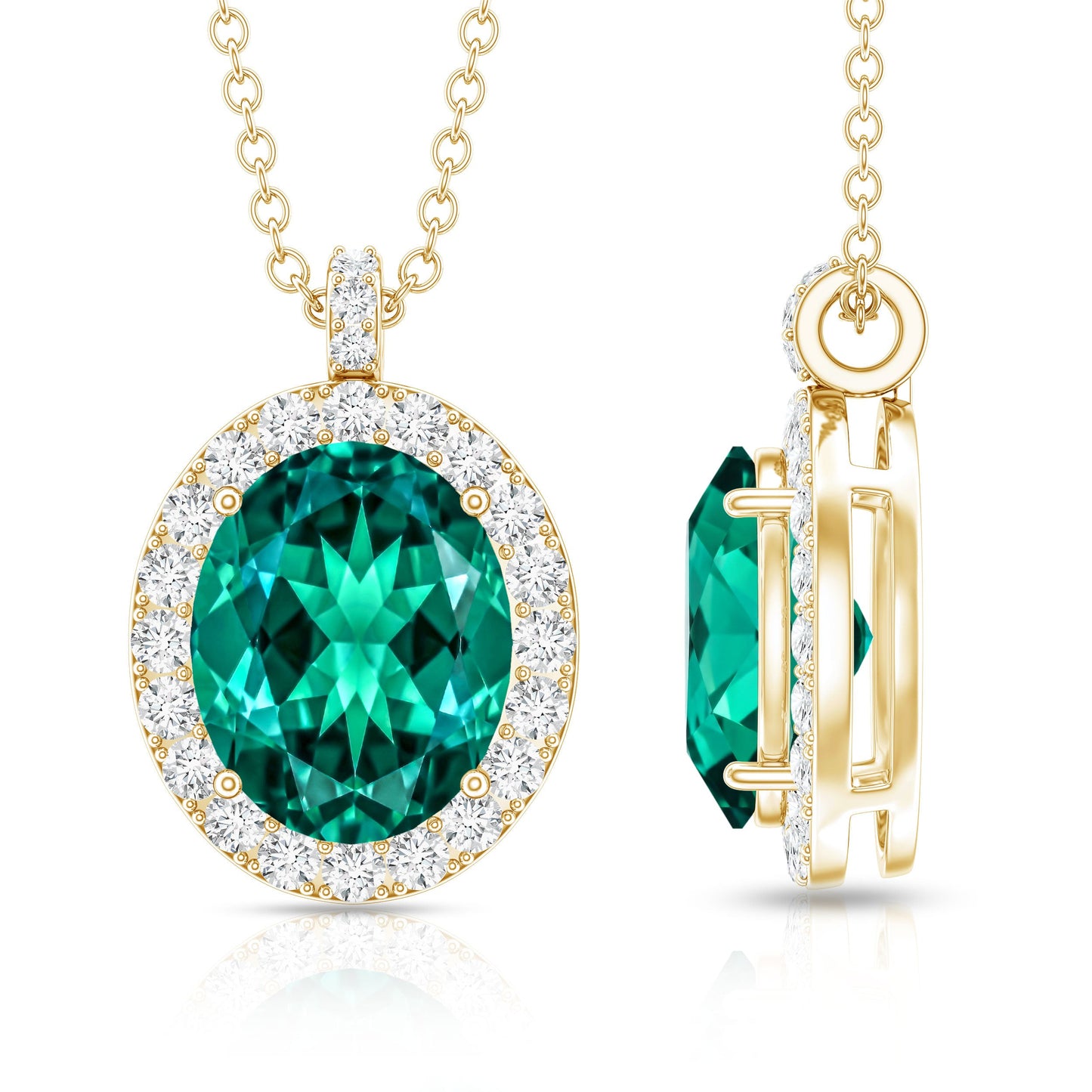 3 Carat Oval Lab Created Emerald Pendant with Diamond Halo