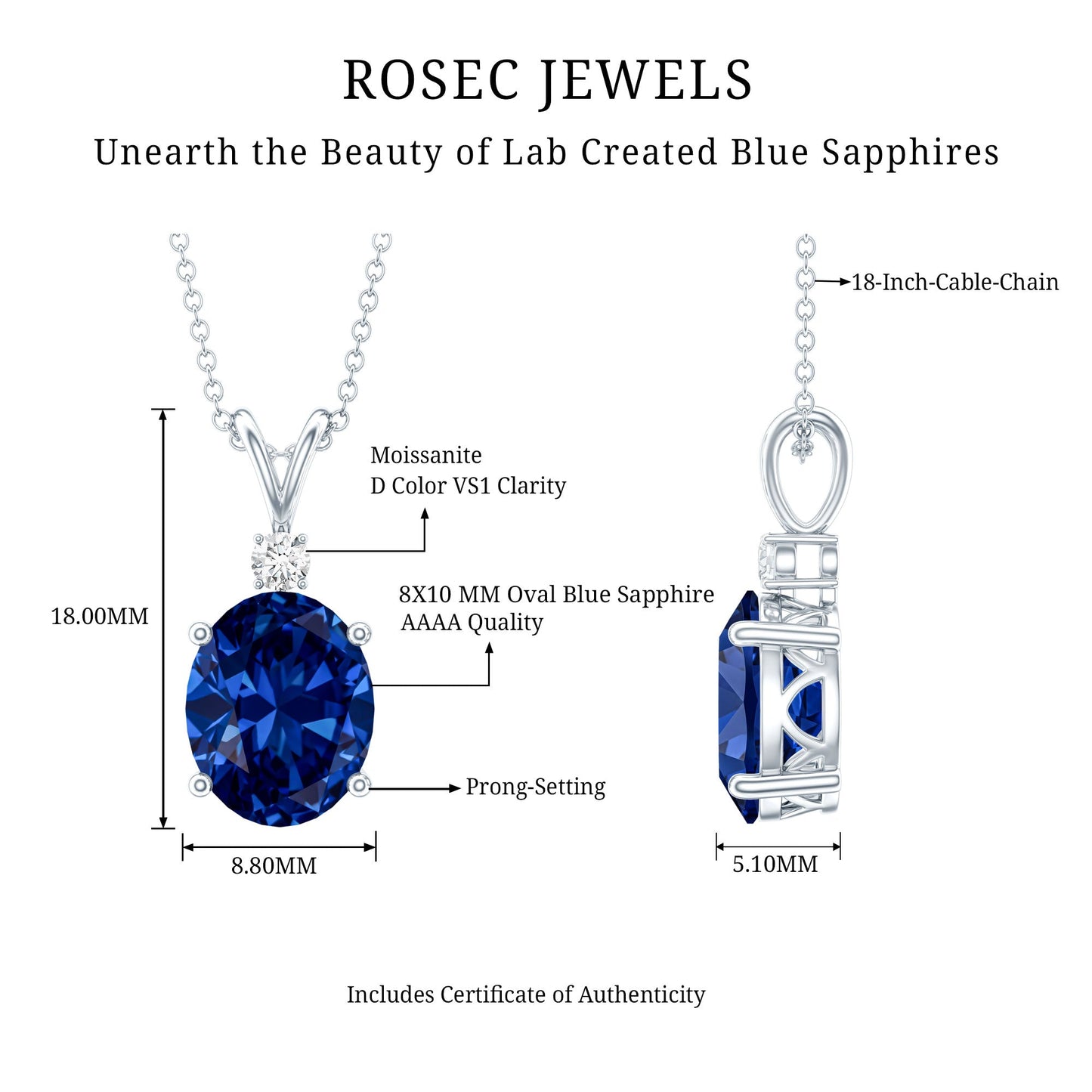 Certified Oval Lab Created Blue Sapphire Necklace with Chain