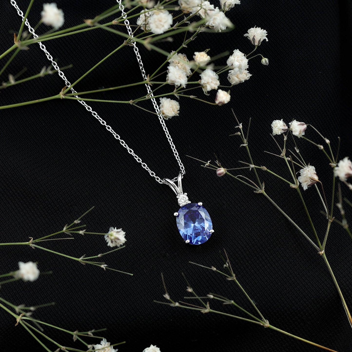 Certified Oval Lab Created Blue Sapphire Necklace with Chain