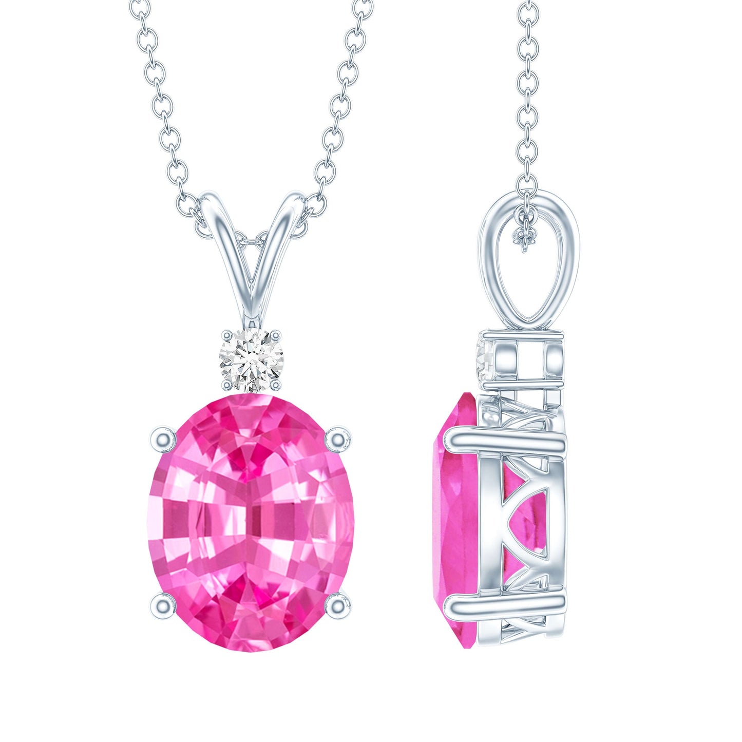 Certified 4 Carat Lab Grown Pink Sapphire Oval Necklace with Silver Chain
