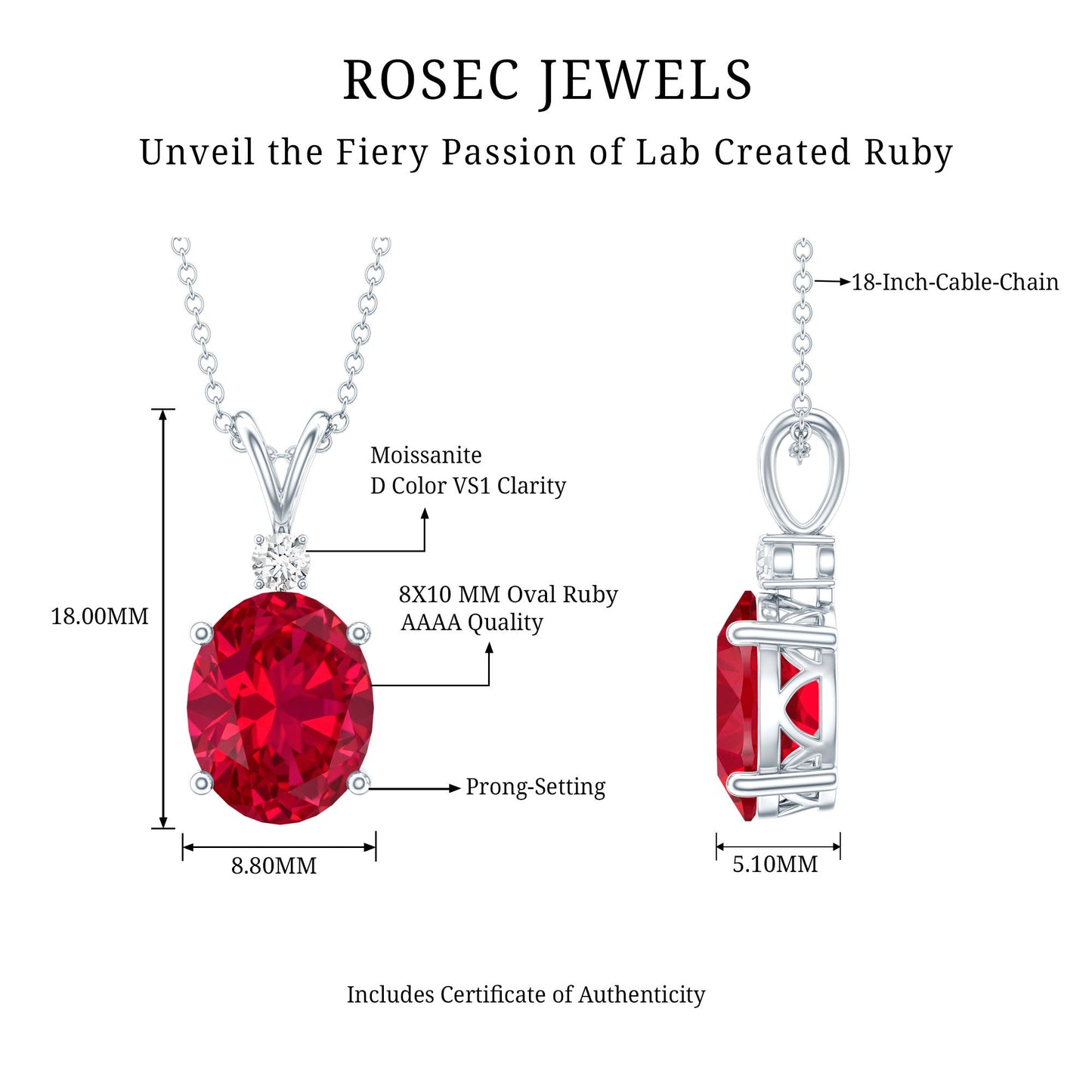 4 Carat Lab Created Ruby Bridal Necklace with Chain