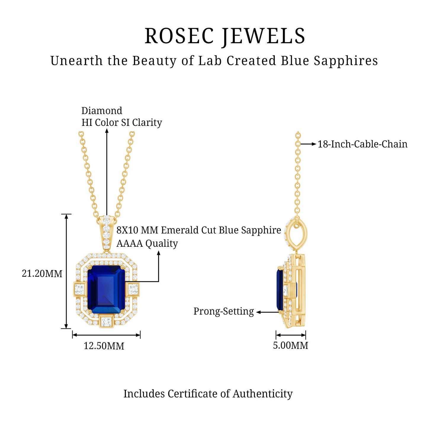 2.7 Carat Emerald Cut Lab Created Blue Sapphire Vintage Necklace with Diamond